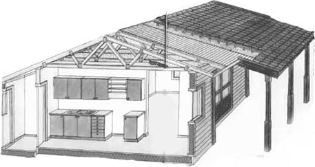 Holzhaus, Schnittzeichnung durch ein Niedrigenergiehaus